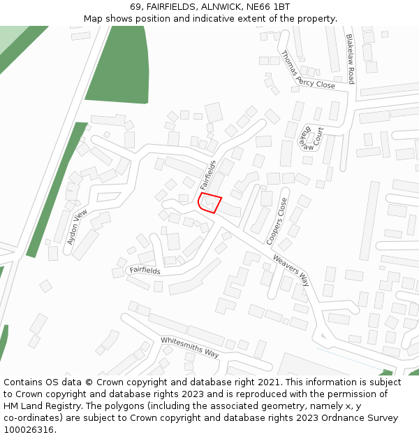 69, FAIRFIELDS, ALNWICK, NE66 1BT: Location map and indicative extent of plot