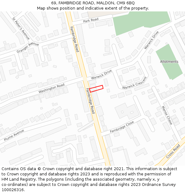 69, FAMBRIDGE ROAD, MALDON, CM9 6BQ: Location map and indicative extent of plot