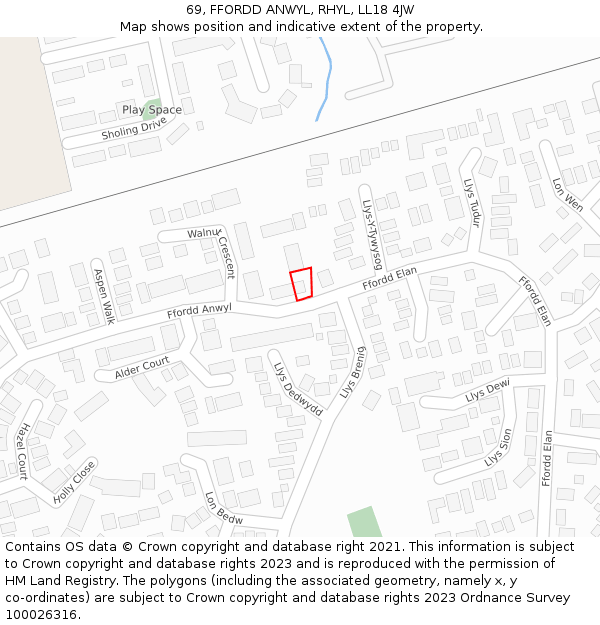 69, FFORDD ANWYL, RHYL, LL18 4JW: Location map and indicative extent of plot