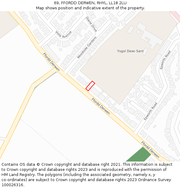 69, FFORDD DERWEN, RHYL, LL18 2LU: Location map and indicative extent of plot