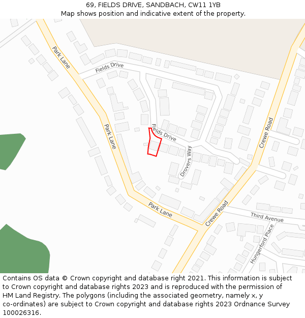 69, FIELDS DRIVE, SANDBACH, CW11 1YB: Location map and indicative extent of plot