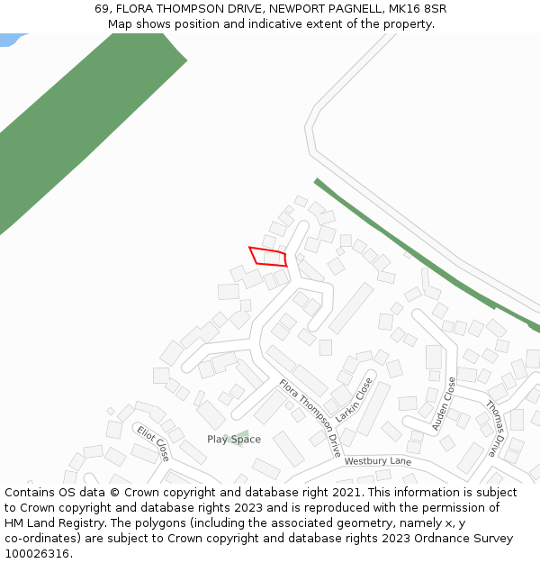 69, FLORA THOMPSON DRIVE, NEWPORT PAGNELL, MK16 8SR: Location map and indicative extent of plot