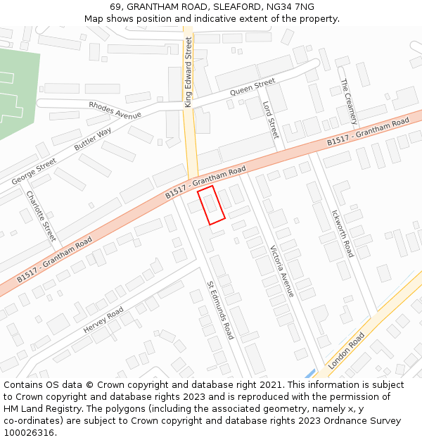 69, GRANTHAM ROAD, SLEAFORD, NG34 7NG: Location map and indicative extent of plot