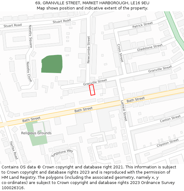 69, GRANVILLE STREET, MARKET HARBOROUGH, LE16 9EU: Location map and indicative extent of plot