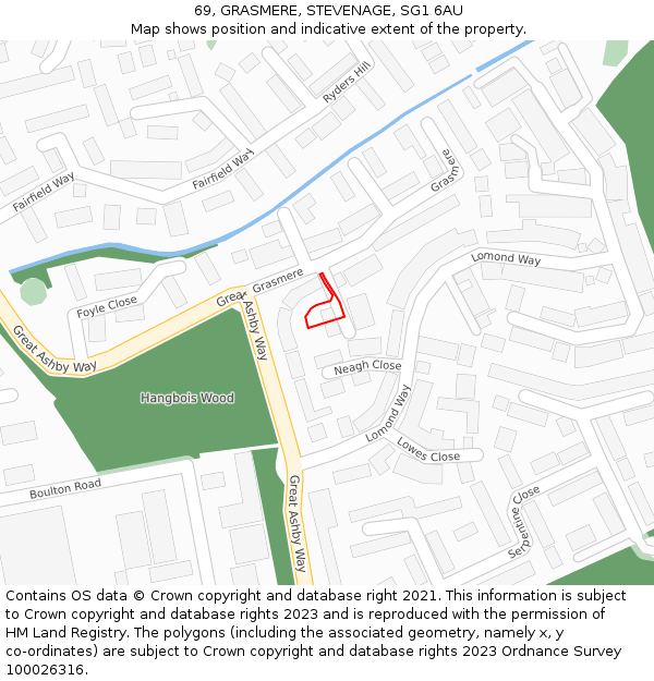 69, GRASMERE, STEVENAGE, SG1 6AU: Location map and indicative extent of plot