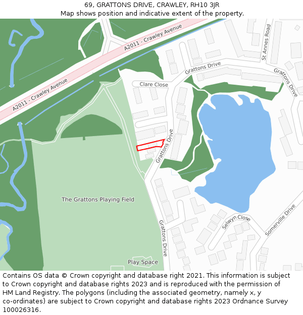 69, GRATTONS DRIVE, CRAWLEY, RH10 3JR: Location map and indicative extent of plot