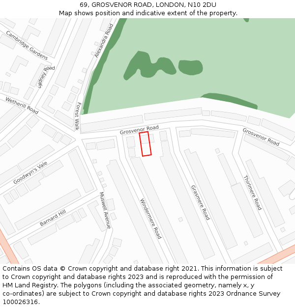 69, GROSVENOR ROAD, LONDON, N10 2DU: Location map and indicative extent of plot