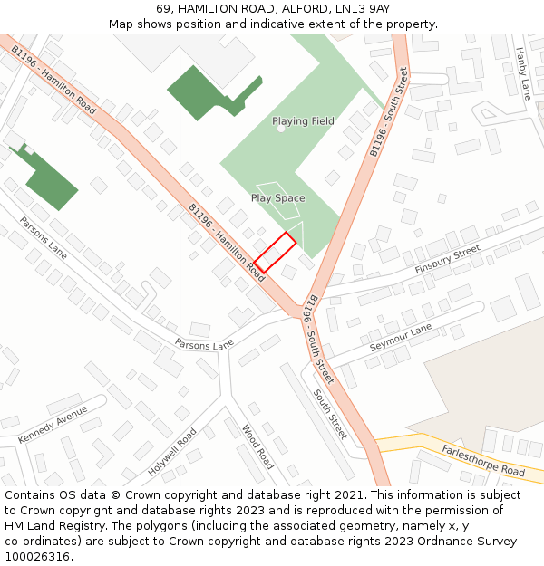 69, HAMILTON ROAD, ALFORD, LN13 9AY: Location map and indicative extent of plot