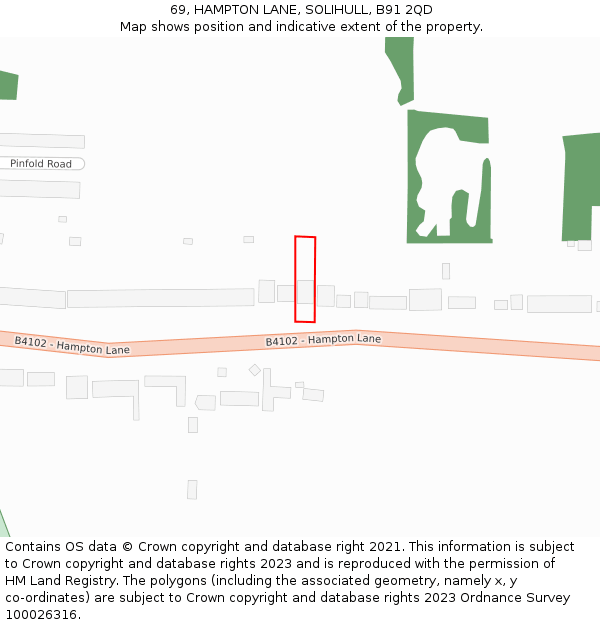 69, HAMPTON LANE, SOLIHULL, B91 2QD: Location map and indicative extent of plot