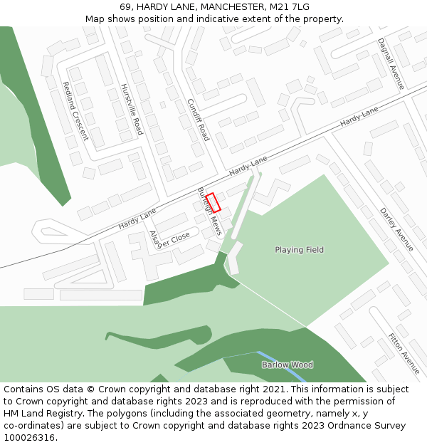 69, HARDY LANE, MANCHESTER, M21 7LG: Location map and indicative extent of plot