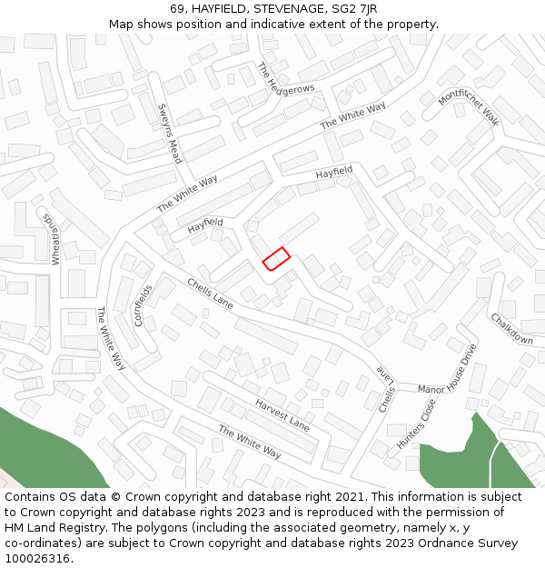 69, HAYFIELD, STEVENAGE, SG2 7JR: Location map and indicative extent of plot