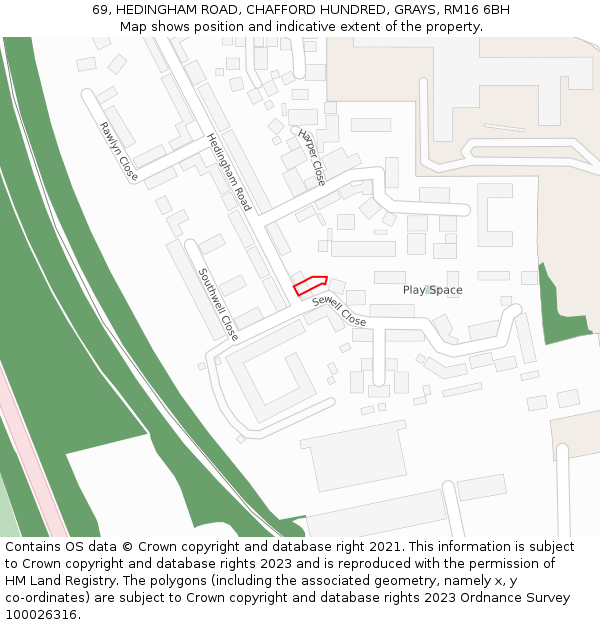 69, HEDINGHAM ROAD, CHAFFORD HUNDRED, GRAYS, RM16 6BH: Location map and indicative extent of plot