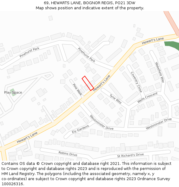 69, HEWARTS LANE, BOGNOR REGIS, PO21 3DW: Location map and indicative extent of plot