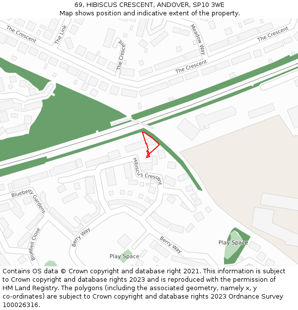 69, HIBISCUS CRESCENT, ANDOVER, SP10 3WE: Location map and indicative extent of plot