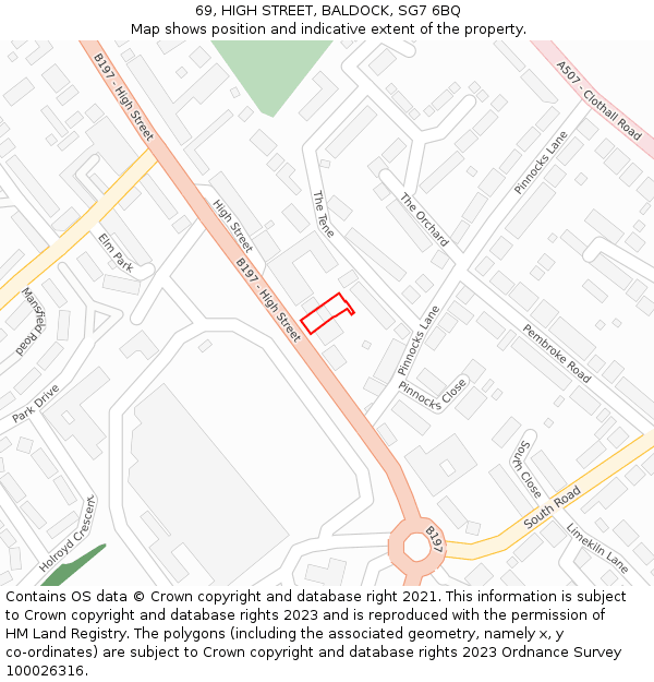 69, HIGH STREET, BALDOCK, SG7 6BQ: Location map and indicative extent of plot