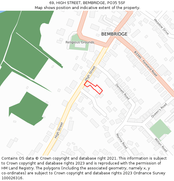 69, HIGH STREET, BEMBRIDGE, PO35 5SF: Location map and indicative extent of plot