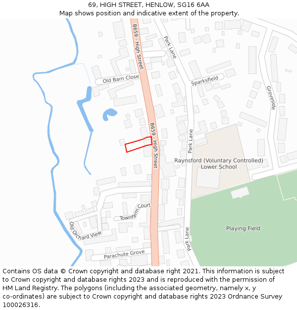 69, HIGH STREET, HENLOW, SG16 6AA: Location map and indicative extent of plot