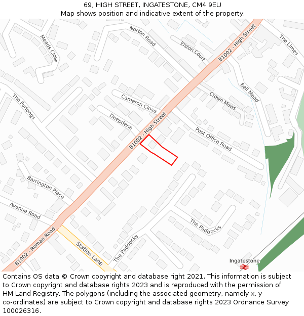 69, HIGH STREET, INGATESTONE, CM4 9EU: Location map and indicative extent of plot