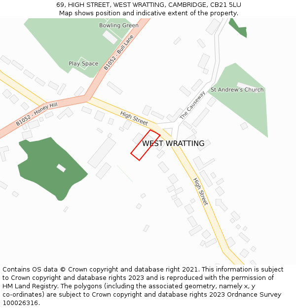 69, HIGH STREET, WEST WRATTING, CAMBRIDGE, CB21 5LU: Location map and indicative extent of plot