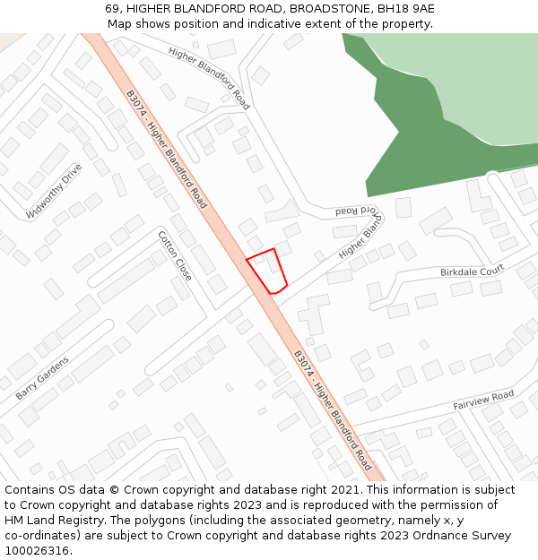 69, HIGHER BLANDFORD ROAD, BROADSTONE, BH18 9AE: Location map and indicative extent of plot