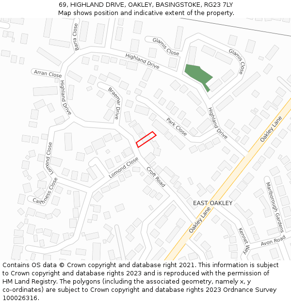 69, HIGHLAND DRIVE, OAKLEY, BASINGSTOKE, RG23 7LY: Location map and indicative extent of plot