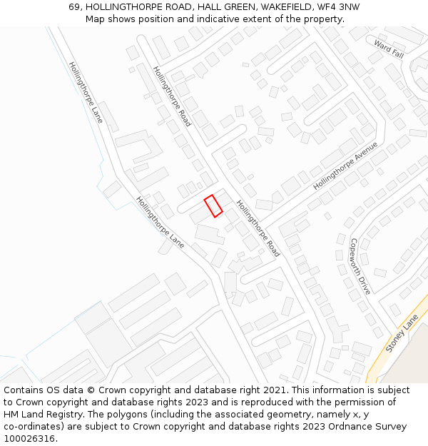69, HOLLINGTHORPE ROAD, HALL GREEN, WAKEFIELD, WF4 3NW: Location map and indicative extent of plot