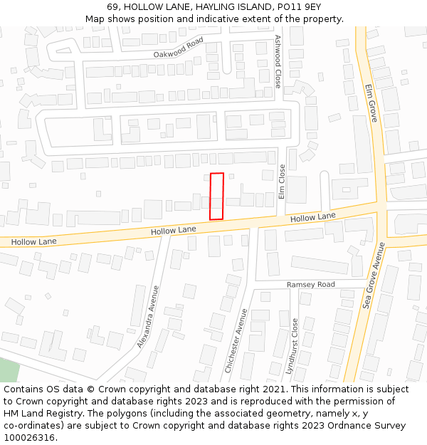 69, HOLLOW LANE, HAYLING ISLAND, PO11 9EY: Location map and indicative extent of plot