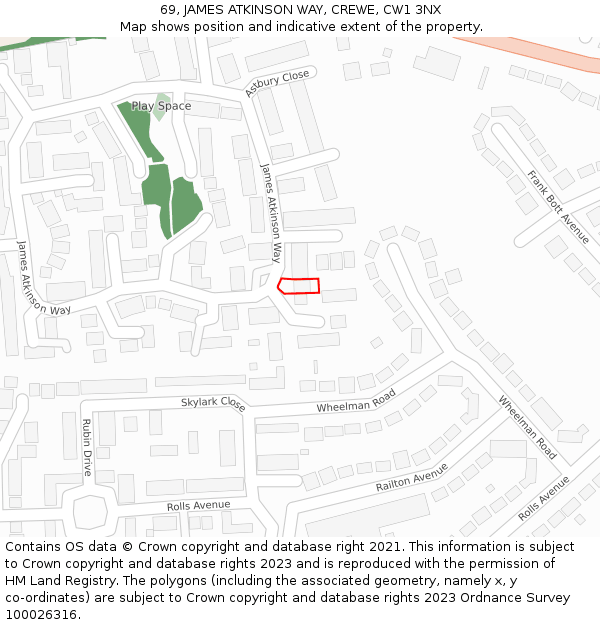 69, JAMES ATKINSON WAY, CREWE, CW1 3NX: Location map and indicative extent of plot