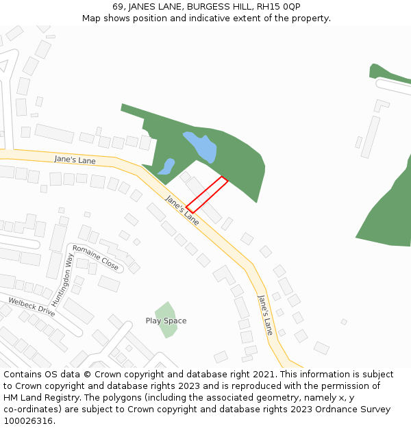 69, JANES LANE, BURGESS HILL, RH15 0QP: Location map and indicative extent of plot