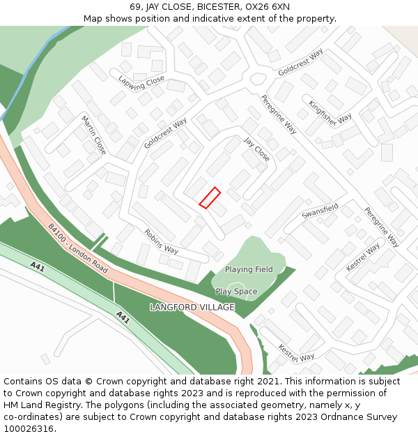 69, JAY CLOSE, BICESTER, OX26 6XN: Location map and indicative extent of plot