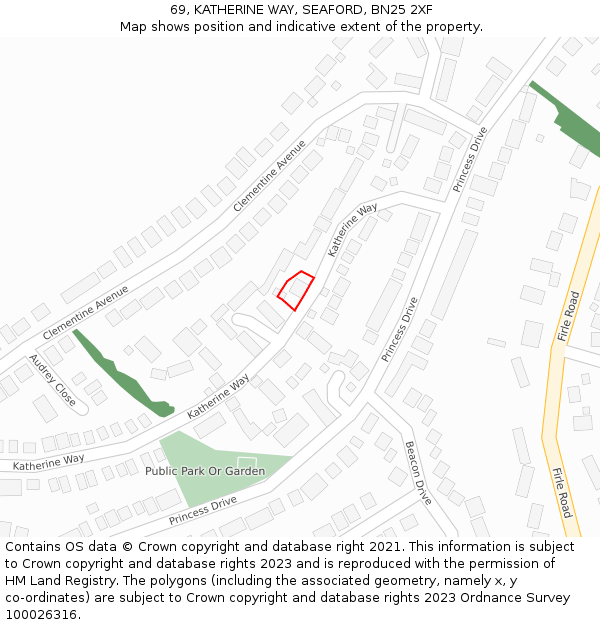 69, KATHERINE WAY, SEAFORD, BN25 2XF: Location map and indicative extent of plot