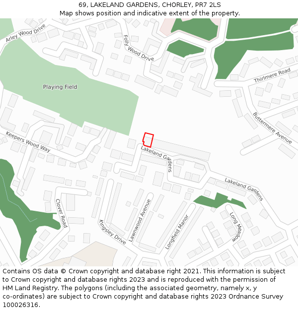 69, LAKELAND GARDENS, CHORLEY, PR7 2LS: Location map and indicative extent of plot