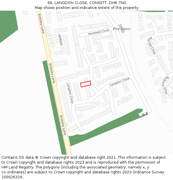 69, LANGDON CLOSE, CONSETT, DH8 7NG: Location map and indicative extent of plot