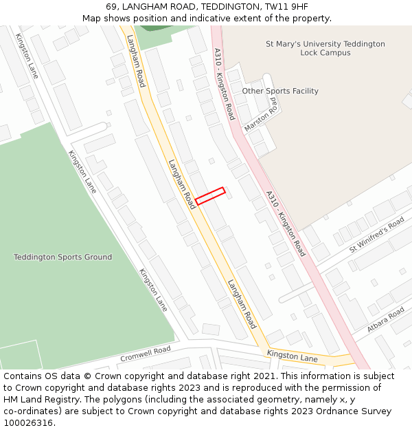 69, LANGHAM ROAD, TEDDINGTON, TW11 9HF: Location map and indicative extent of plot