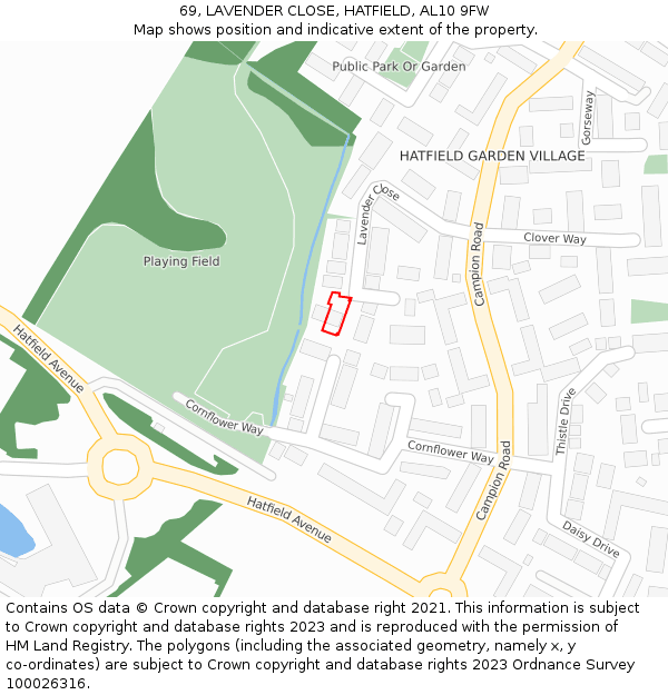 69, LAVENDER CLOSE, HATFIELD, AL10 9FW: Location map and indicative extent of plot