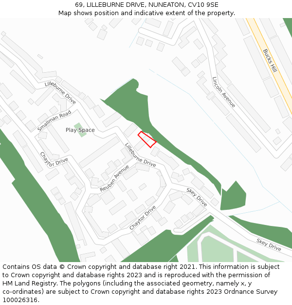 69, LILLEBURNE DRIVE, NUNEATON, CV10 9SE: Location map and indicative extent of plot