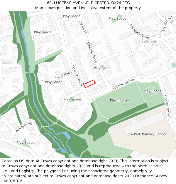 69, LUCERNE AVENUE, BICESTER, OX26 3EG: Location map and indicative extent of plot