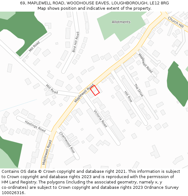 69, MAPLEWELL ROAD, WOODHOUSE EAVES, LOUGHBOROUGH, LE12 8RG: Location map and indicative extent of plot