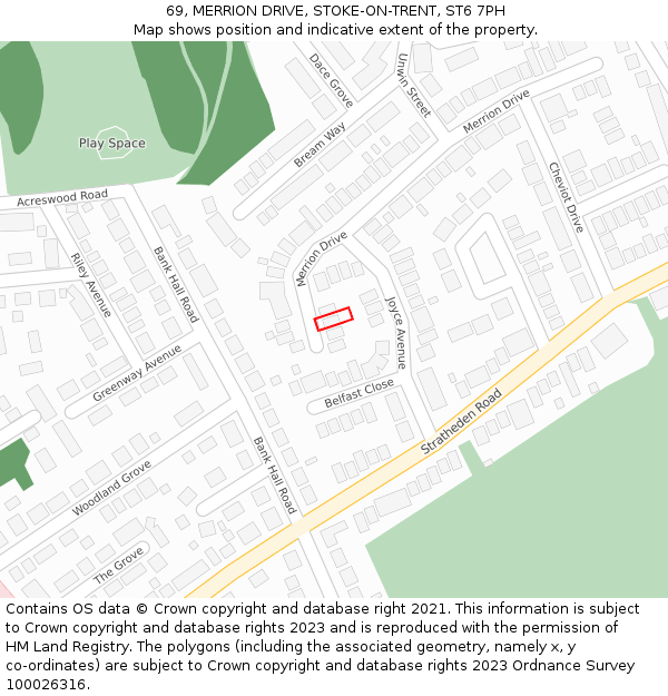 69, MERRION DRIVE, STOKE-ON-TRENT, ST6 7PH: Location map and indicative extent of plot