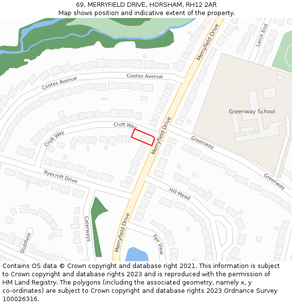 69, MERRYFIELD DRIVE, HORSHAM, RH12 2AR: Location map and indicative extent of plot