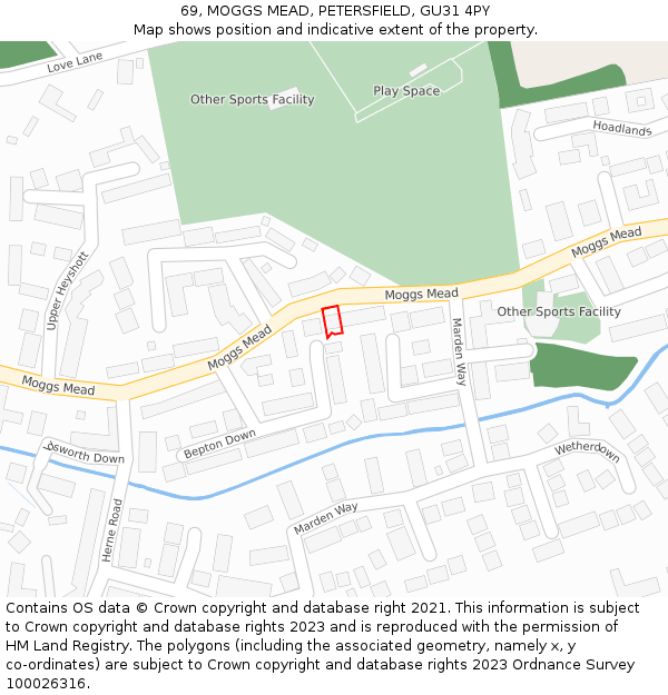 69, MOGGS MEAD, PETERSFIELD, GU31 4PY: Location map and indicative extent of plot