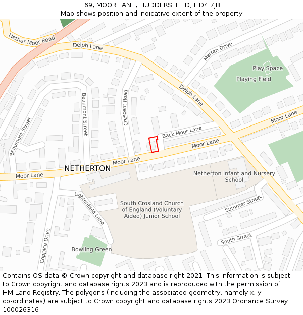 69, MOOR LANE, HUDDERSFIELD, HD4 7JB: Location map and indicative extent of plot