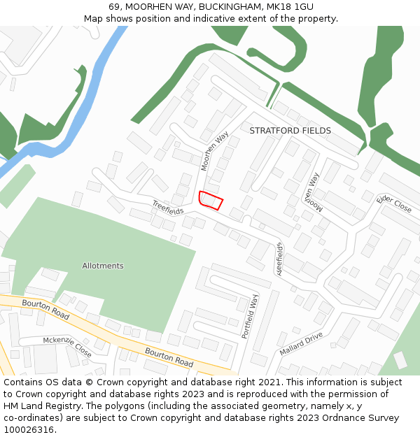 69, MOORHEN WAY, BUCKINGHAM, MK18 1GU: Location map and indicative extent of plot