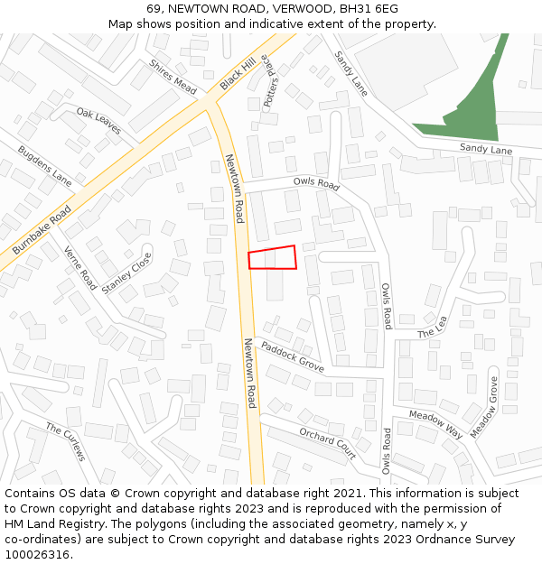 69, NEWTOWN ROAD, VERWOOD, BH31 6EG: Location map and indicative extent of plot