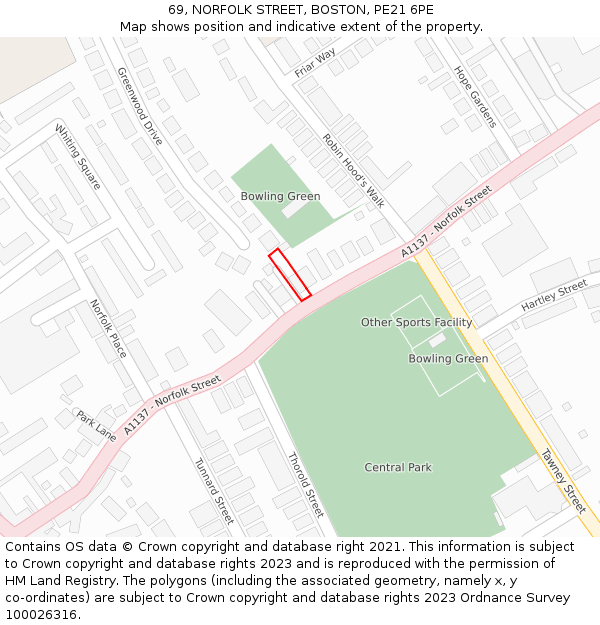 69, NORFOLK STREET, BOSTON, PE21 6PE: Location map and indicative extent of plot