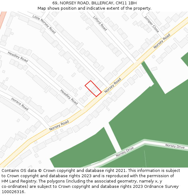 69, NORSEY ROAD, BILLERICAY, CM11 1BH: Location map and indicative extent of plot
