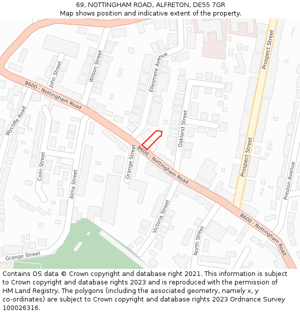 69, NOTTINGHAM ROAD, ALFRETON, DE55 7GR: Location map and indicative extent of plot