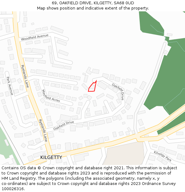 69, OAKFIELD DRIVE, KILGETTY, SA68 0UD: Location map and indicative extent of plot