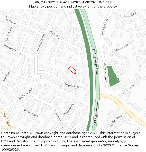 69, OAKGROVE PLACE, NORTHAMPTON, NN4 0SB: Location map and indicative extent of plot