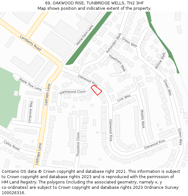 69, OAKWOOD RISE, TUNBRIDGE WELLS, TN2 3HF: Location map and indicative extent of plot